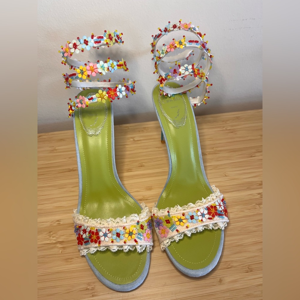 Floral Embellished Lace Strap High Heels - Green - Picture 6 of 6
